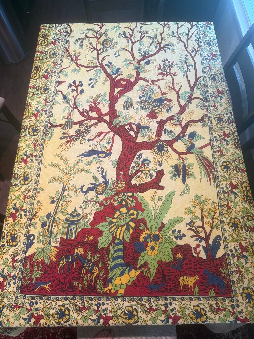 Vintage Indian Tree of Life Cotton Tablecloth 50x80 Floral Bird Boho Cottage